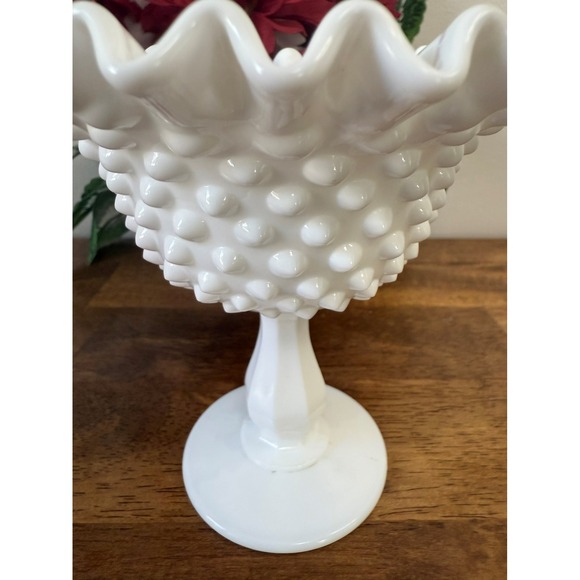 Vintage Milk Glass Hobnail Compote Ruffled Edge Pedestal Bowl Fenton Style MCM - Picture 5 of 6